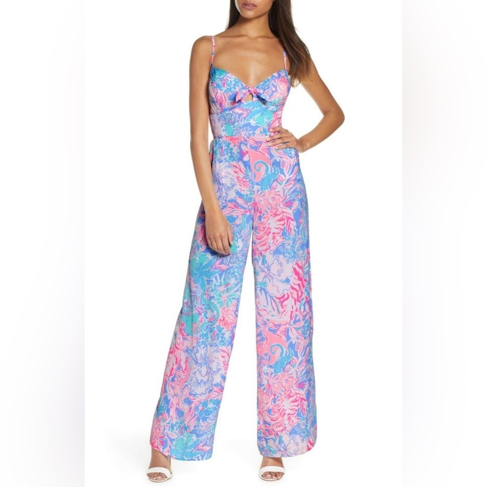 Lilly Pulitzer Bente Jumpsuit MAXI blue Peri Viva La Lilly Pink Size 12